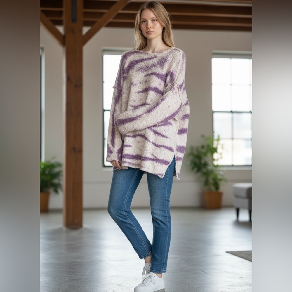 Free People(FP) Movement Fuzzy Oversize Sweater Women’s Medium White Purple NWOT